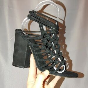 Alumnae Black Suede Block Heel Strappy Braided Ankle Wrap Caged Woven Sandal